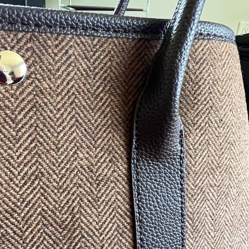 Textile & Faux Leather Tote Bag – Brown/Dark Brown Large Shoulder Bag & HandBag - Picture 9 of 9